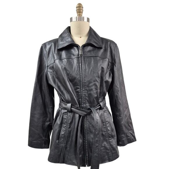 VTG JLC New York Black Leather Coat Fully Lined Belted womens  Sz L - Picture 1 of 5